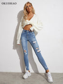 Light Blue Sexy Skinny Women Jeans Stretch Butt Lift Ripped Hole Denim Pants Lady Clothes Girls Tight Trousers Y2K Streetwear