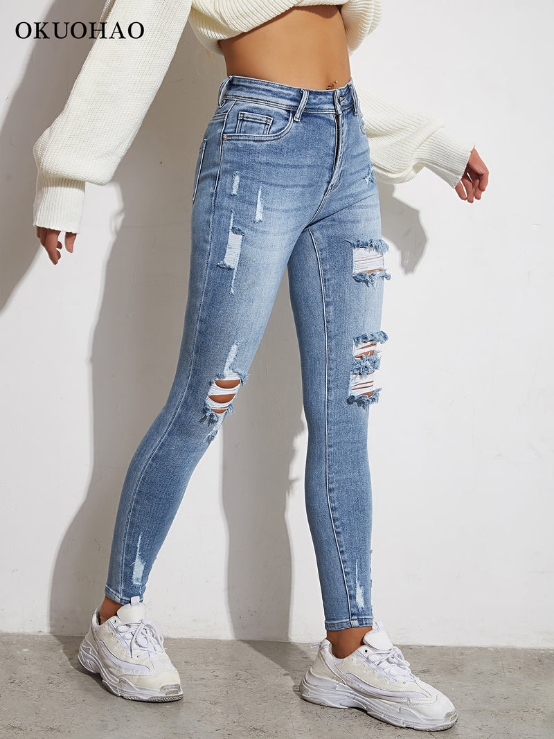 Light Blue Sexy Skinny Women Jeans Stretch Butt Lift Ripped Hole Denim Pants Lady Clothes Girls Tight Trousers Y2K Streetwear
