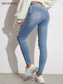 Light Blue Sexy Skinny Women Jeans Stretch Butt Lift Ripped Hole Denim Pants Lady Clothes Girls Tight Trousers Y2K Streetwear